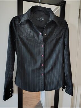 Lucky Brand Black Pinstripe Shirt with Pink Buttons